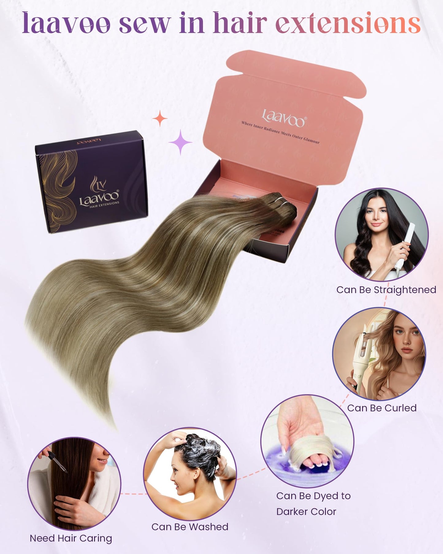 LaaVoo Weft Hair Extensions Human Hair Brown Ombre Sew in Extensions for Women Double Weft Extensions Real Human Hair Dark Brown