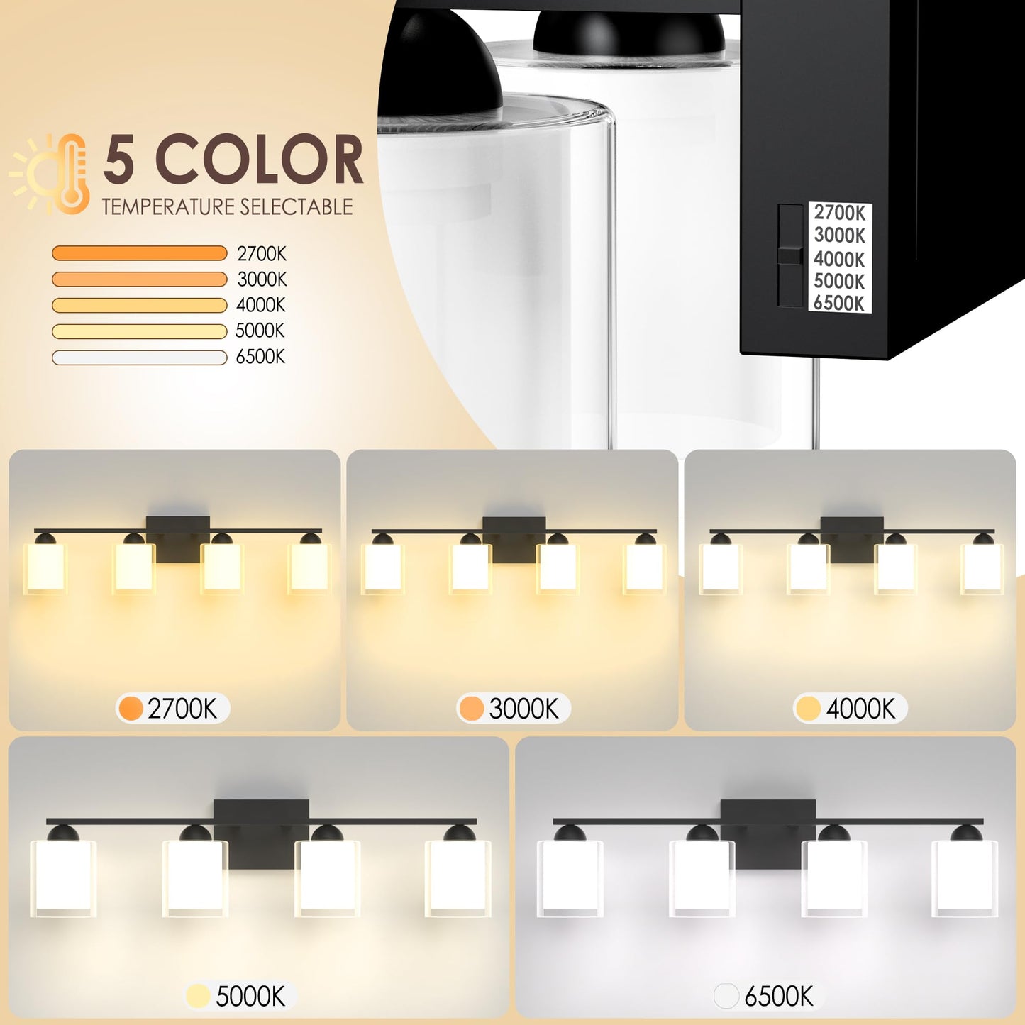 Quntis Black Bathroom Lighting Fixtures Over Mirror With 5 Color Modes  4 Light Dimmable Led Bathroom Vanity Light  With Eye Care Milk White Frosted Glass  28W Energy Saving  27 Inch (Bulbs Included)