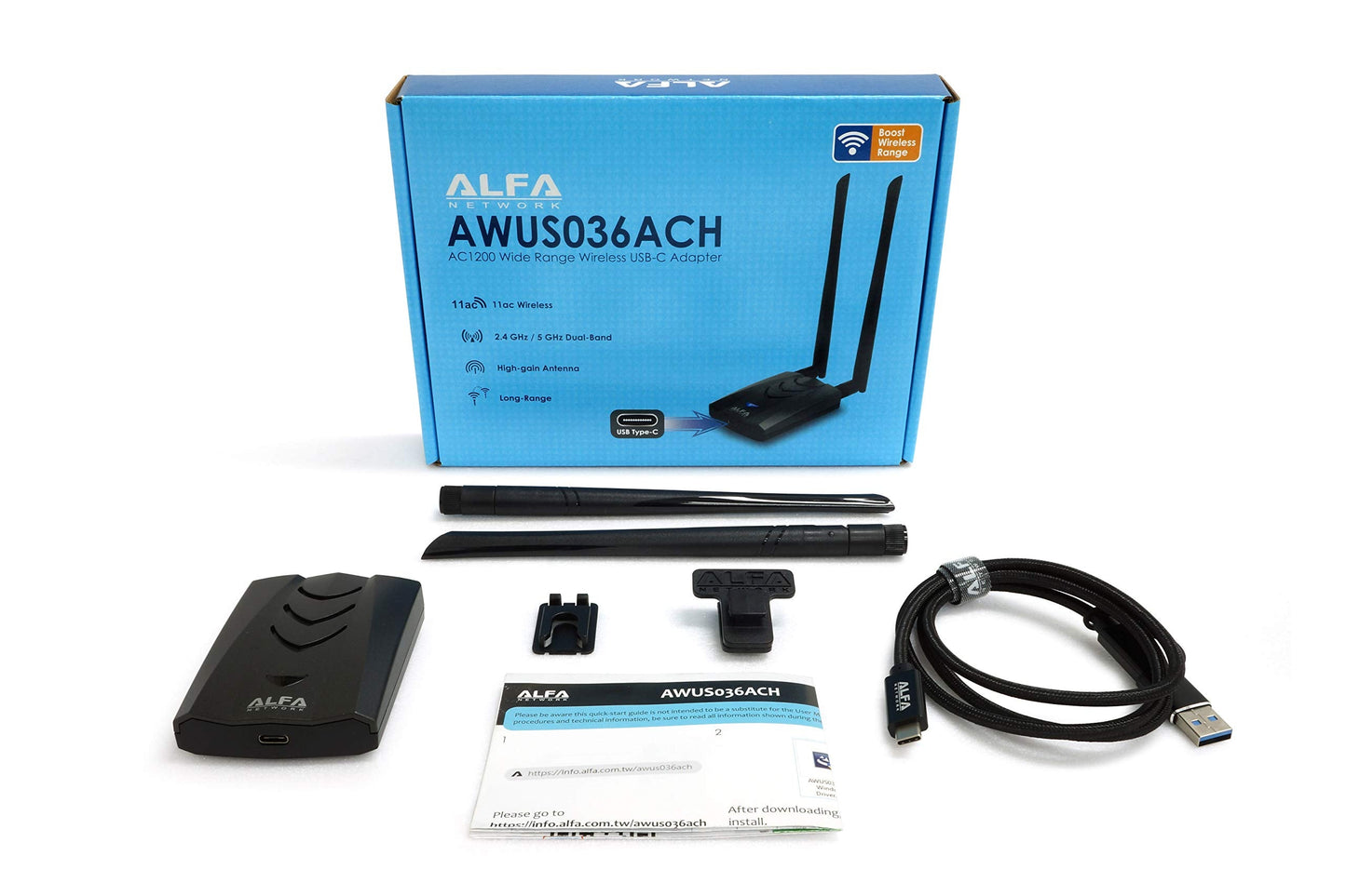 ?New Version Type-C Wifi Usb? Alfa Awus036Ach Long-Range Dual-Band Ac1200 Wireless Wi-Fi Adapter W/2X 5Dbi External Antennas - 2