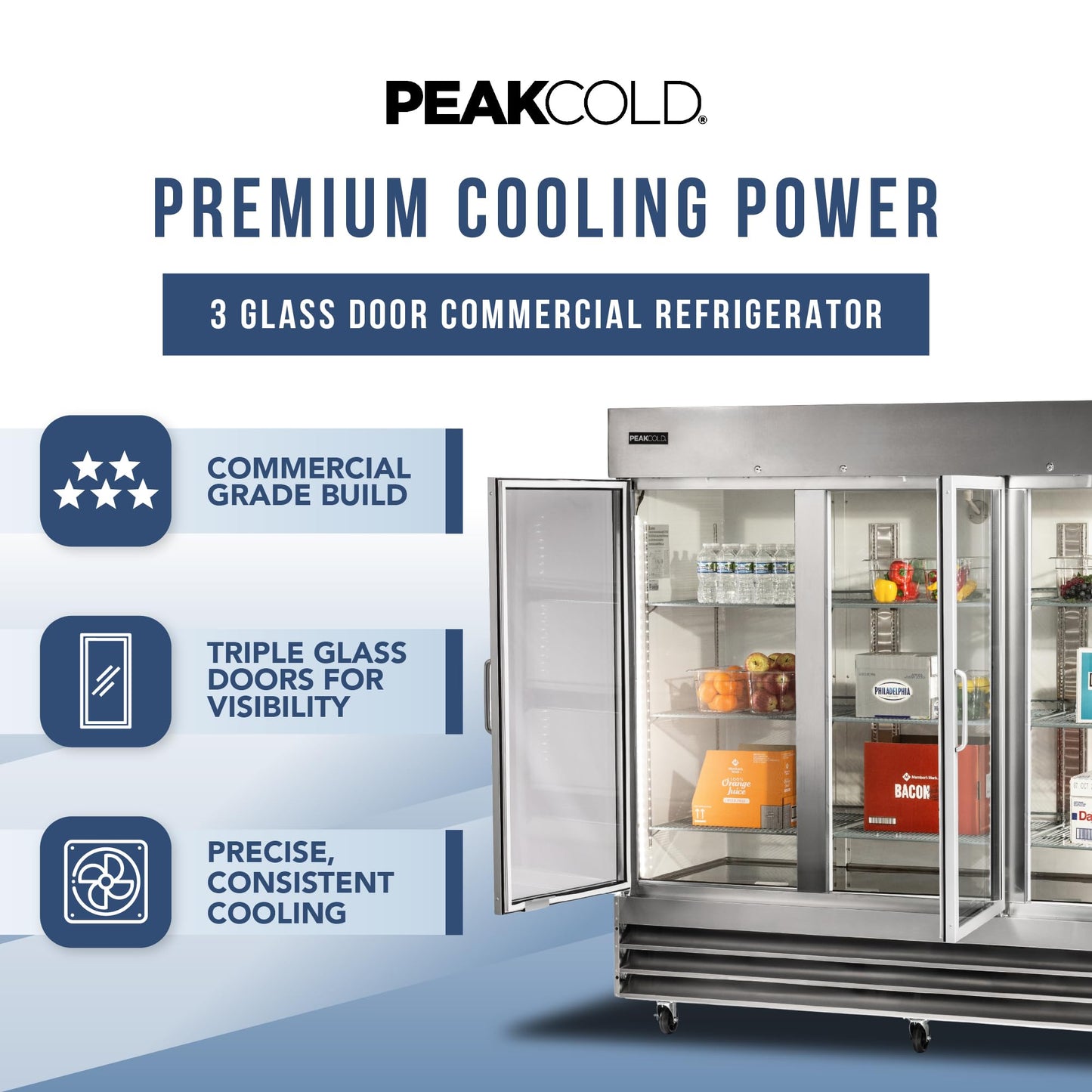 PEAKCOLD 3 Glass Door Commercial Refrigerator - 72 Cubic Ft, 81" Wide Stainless Steel Reach-In Commercial Refrigerator with White Internal Lighting - Freestanding Industrial Fridge