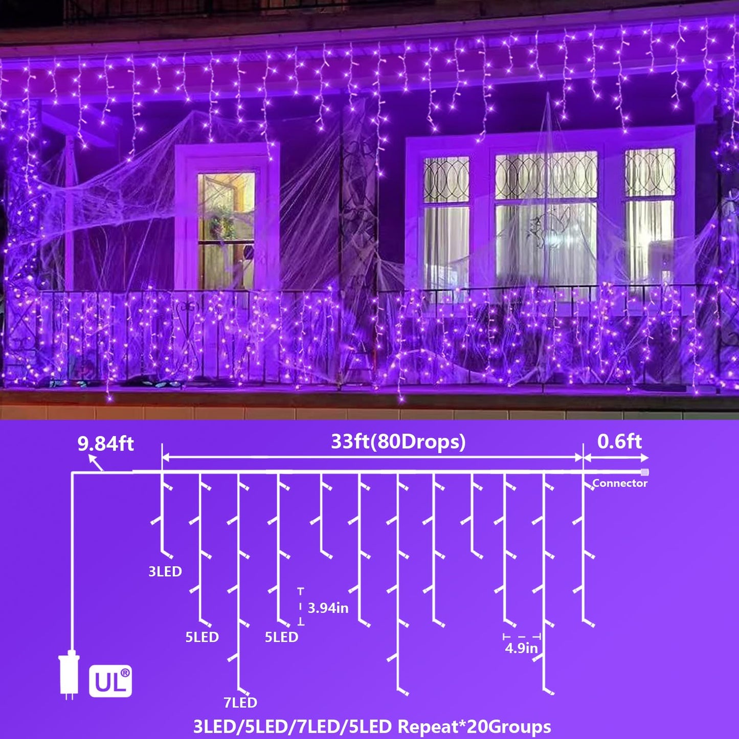 YEGUO 33ft Purple Icicle Christmas Lights, 400 LED, Waterproof, 8 Modes, Model JT-EL/FC300V0200-C