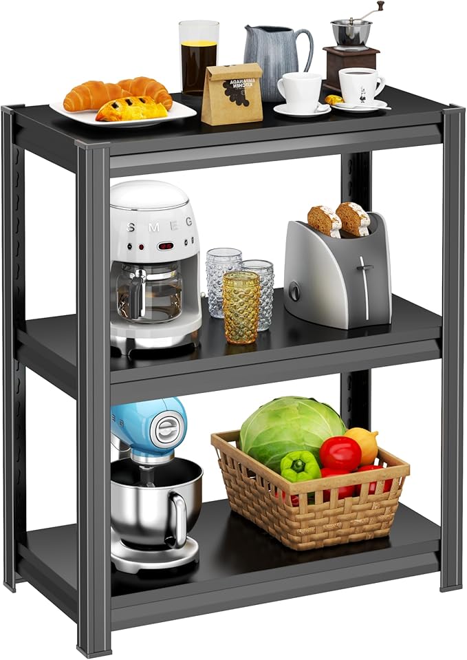 Kitchen Storage Shelves, 3 Tier Adjustable Shelf Organizer, 31.5”High Kitchen Shelving, Reinforced Design Pantry Shelf, Kitchen Appliance Storage, for Pantry and Garage, Black