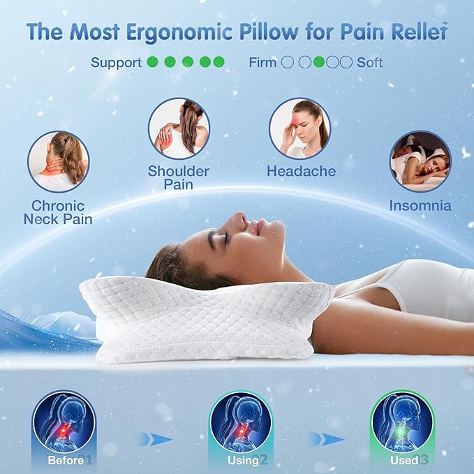 Cervical Neck Pillow for Pain Relief Sleeping, Cooling Contour Memory Foam Support Pillows for Neck and Shoulder Pain, Ergonomic Orthopedic Pillow for Side Back & Stomach Sleepers, White-26