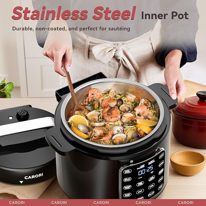 9-in-1 Electric Pressure Cooker 6 Qt, Stainless Steel Inner Pot, Programmable 12 Multi-Function Cooker with Safe Vent Design, Rice Cook, Slow Cook, Sauté, Warmer & Sterilizer, Black