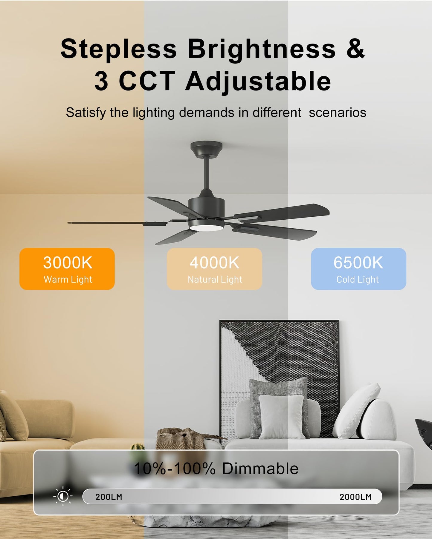 CubiCubi 52-Inch Ceiling Fan with Lights, Remote/APP Control, Dimmable, Quiet, Reversible, Deep Walnut, Model Cubicubi-52-BK