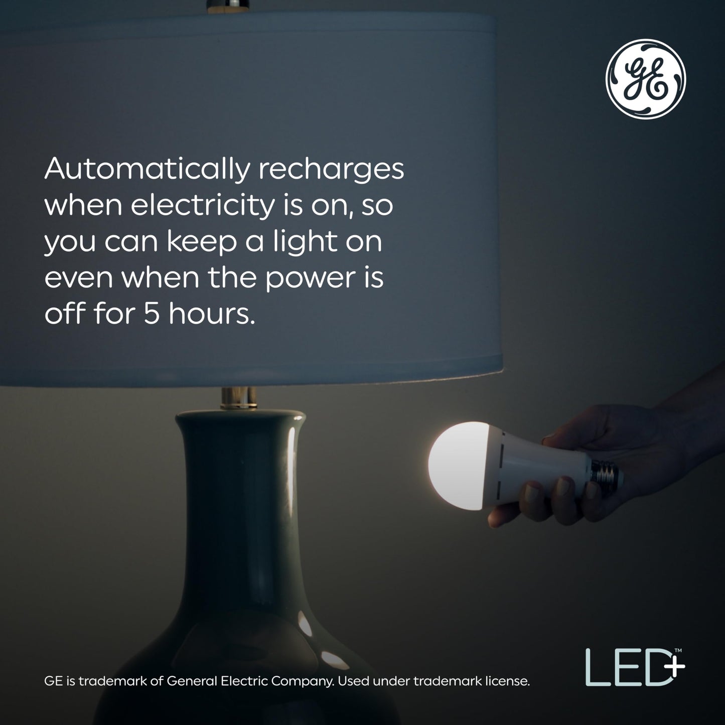 GE LED+ Rechargeable Backup Battery Light Bulb, Soft White, Medium Base, 1 Pack, ABS, Model 10043168502136.00