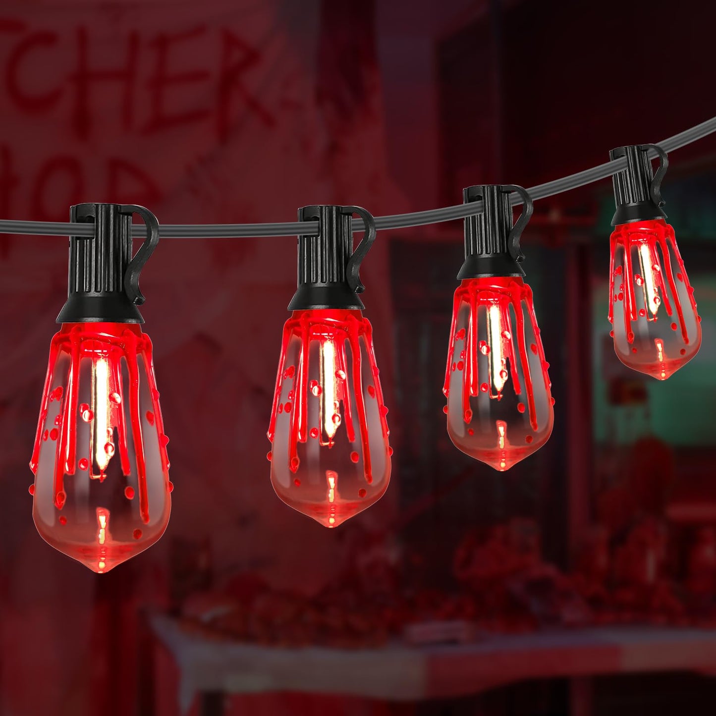 Bokoiuu Halloween Light String, 10ft ST40 Flickering Flame with Blood Teardrop Bulbs, Outdoor Patio Decoration - Black