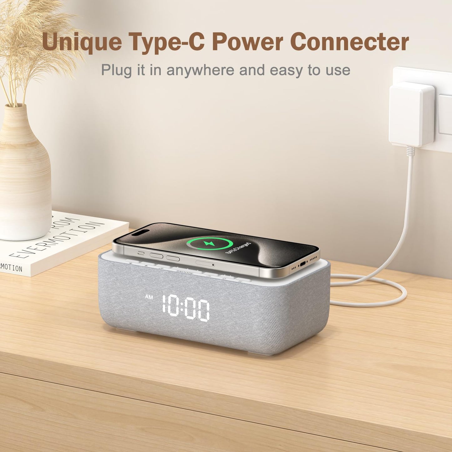 REACHER 15W Fast Wireless Charging Alarm Clock with White Noise Machine │ 20 High-Fidelity Sleep Sounds │ Gradual Wake & Unlimited Snooze │ 0–100% Dimmable Digital Clock for Bedroom & Office