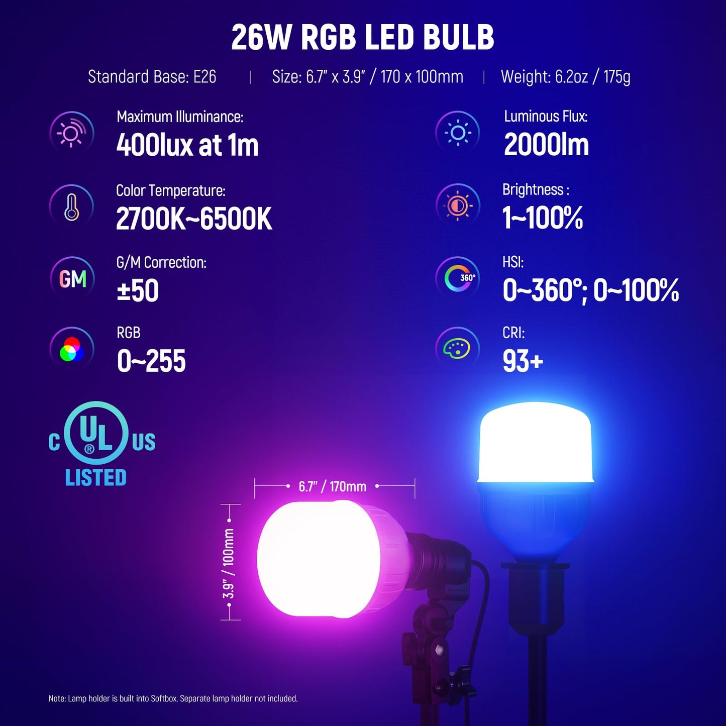 NEEWER RGB Softbox Lighting Kit with App Control & 9 Effect Modes, 2 Pack 26W FCC/IC/UL Certified LED Bulbs CRI93+ TLCI98+, E26 Porcelain Sockets, 24" Softboxes, for Studio Photography Lighting, NK800
