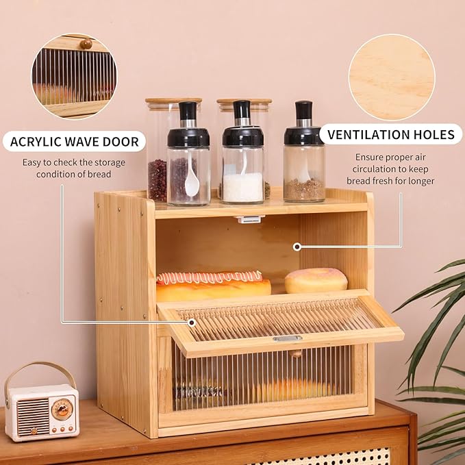 Double Layer Large Bread Box for Kitchen Counter, Wooden Bread Storage Container with Acrylic Window (natural)