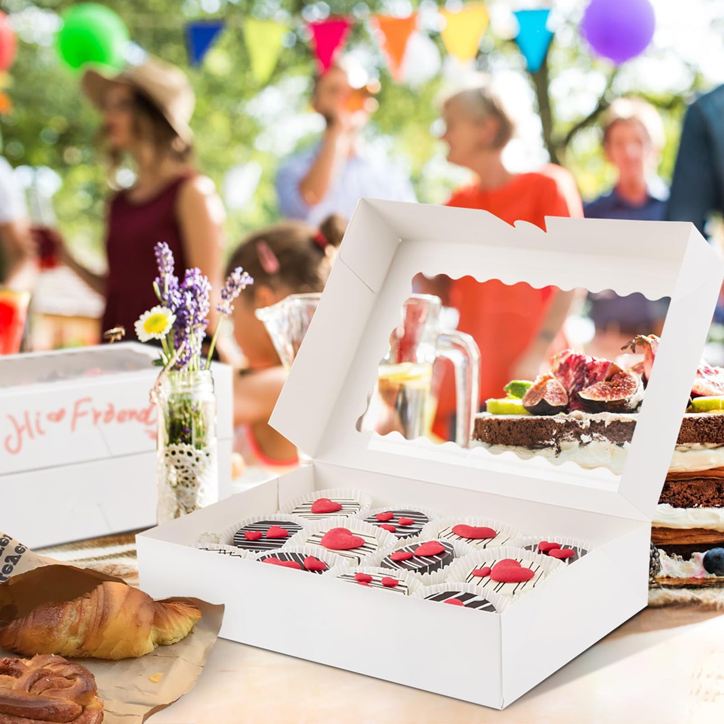 Kucoele 20 PCS Bakery Boxes with Window, 12 x 8 x 2.5 Inches Pastry Boxes Auto-Popup Treat Boxes for Chocolate Covered Strawberries, Cookies, Muffins, Donuts, Breakable Hearts