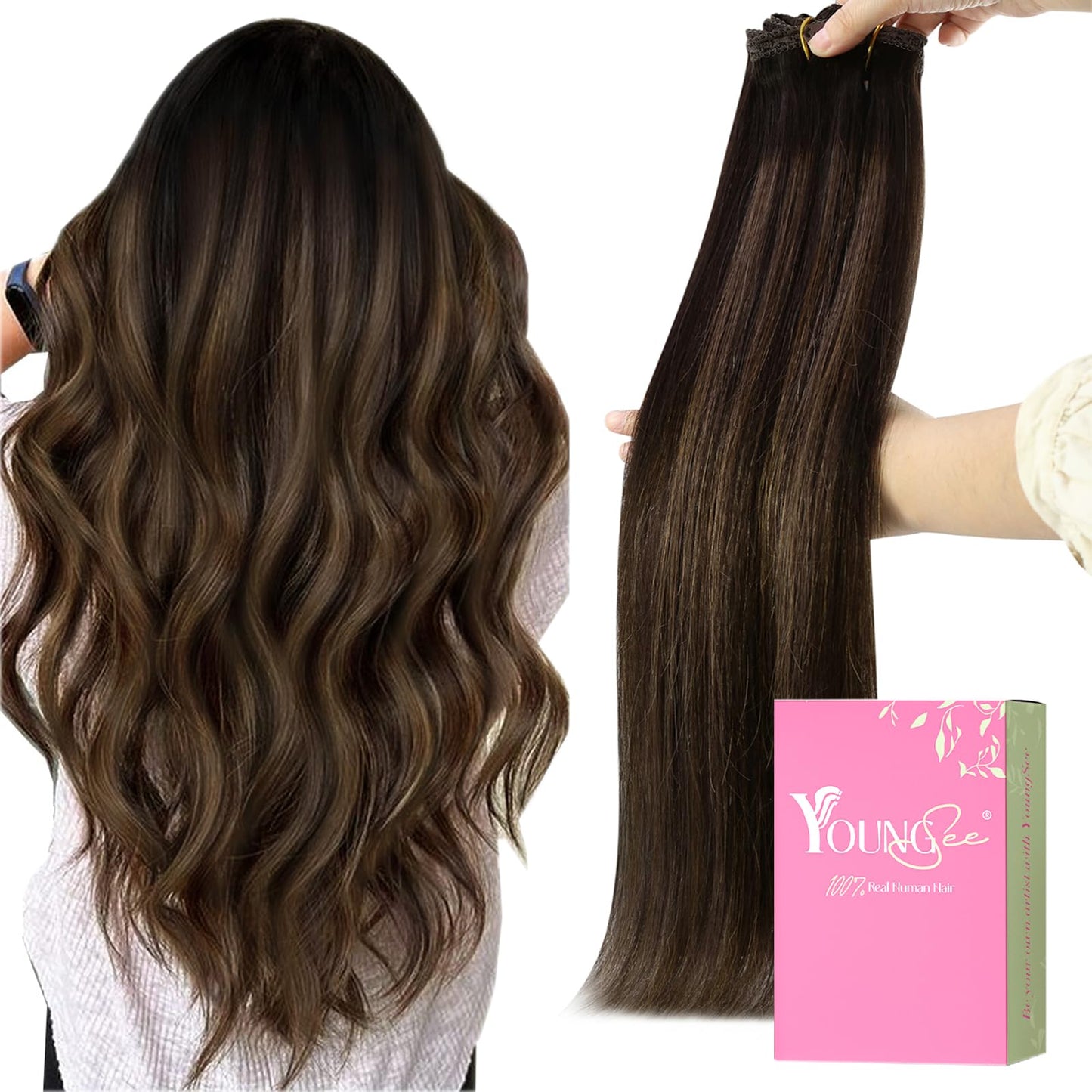 YoungSee 150G Clip in Hair Extensions Balayage Clip on Hair Extensions Dark Brown Mix Medium Brown Highlights Brown Balayage Cli