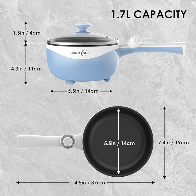 Audecook Hot Pot Electric, 1.7L Mini Electric Skillet Portable Nonstick Sauté Pan with Power Adjustment, Ramen Cooker Travel Multicooker for Steak/Soup/Egg/Oatmeal/Noodles (Tongs for Cooking Included)