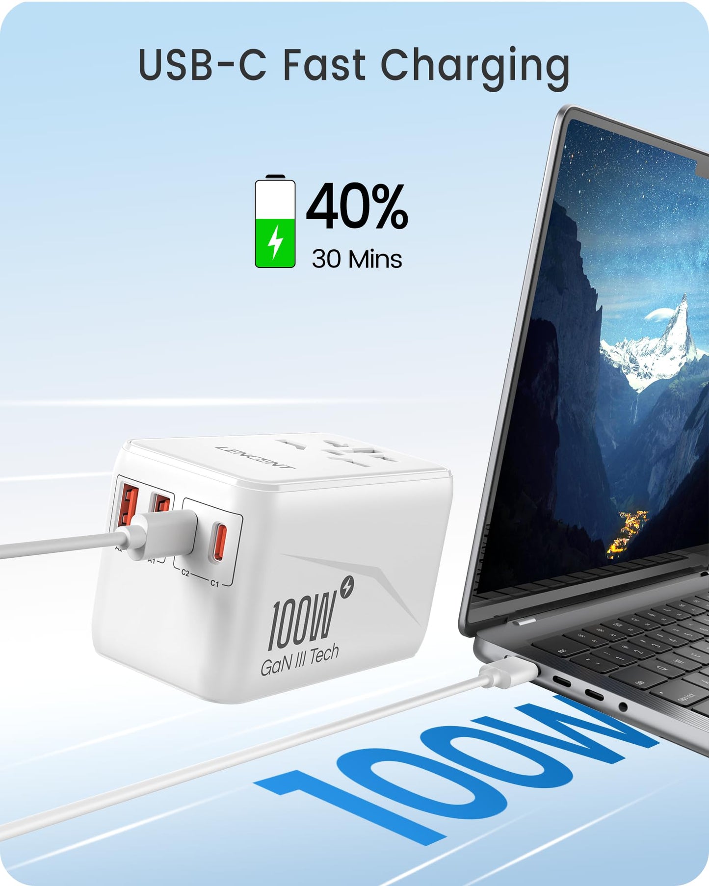 Lencent Universal Travel Adapter, 100W Gan3 International Adaptor With 2 Qc3.0 Usb-A+2 Pd3.0 Type-C Pps Fast Charging, Worldwide
