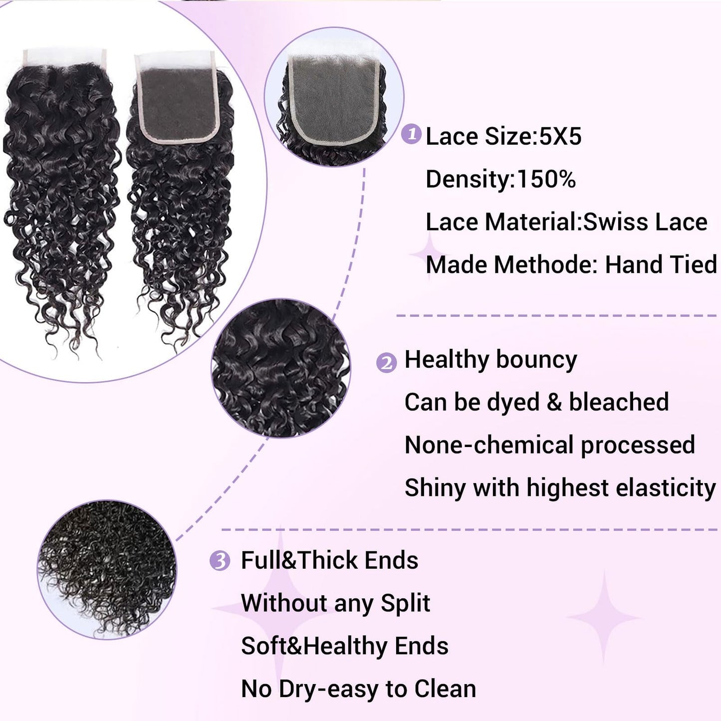 DSEKCAIN Water Wave 5x5 HD Lace Closure Human Hair Water Wave 5x5 Lace Closure Transparent Big Space100% Raw Virgin Human Hair F