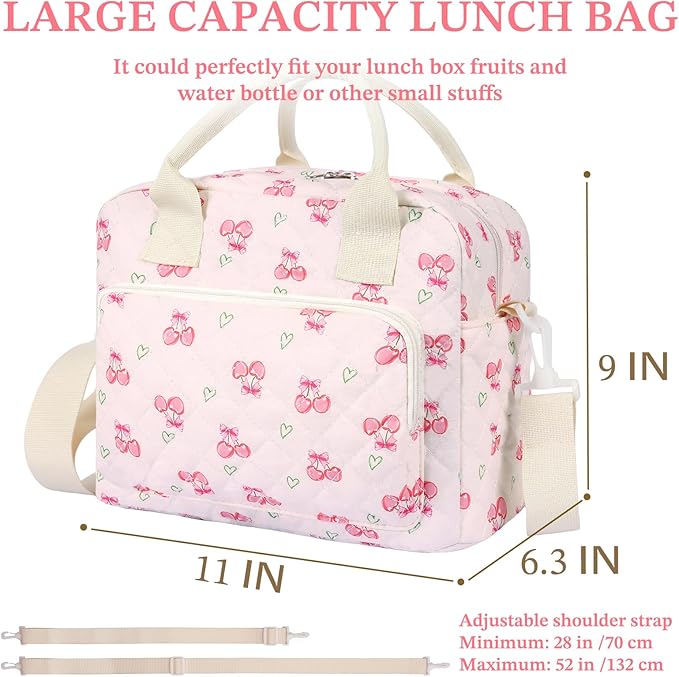 Quilted Lunch Box for Women,Large Pink Cherry Insulated Lunch Bag for Adult,Cute Lunch Tote Bags for Work Picnic Travel (pink charry heart,M)