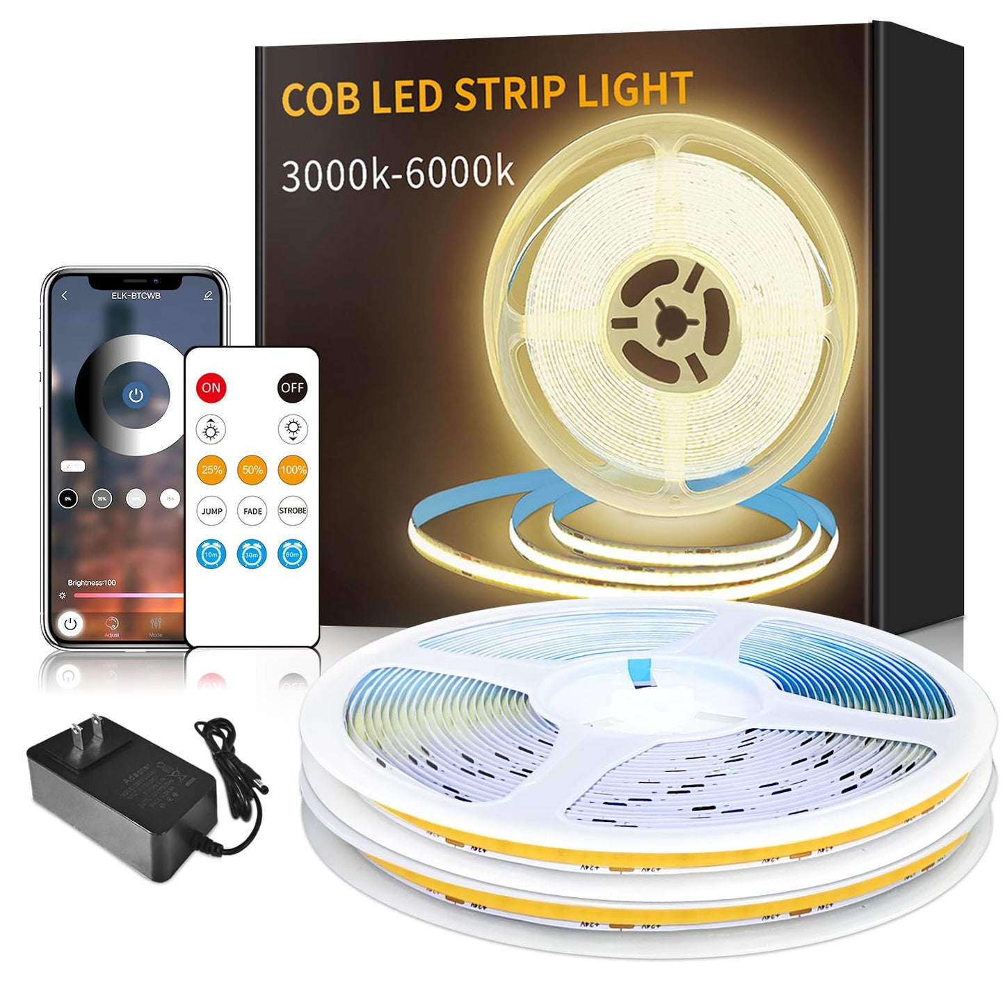 Yeewhale 100FT COB LED Strip Lights, Dimmable 3000K Warm White, Flexible LED Tape Light with Remote & App Control, Model Yeewhale-100cobNB01