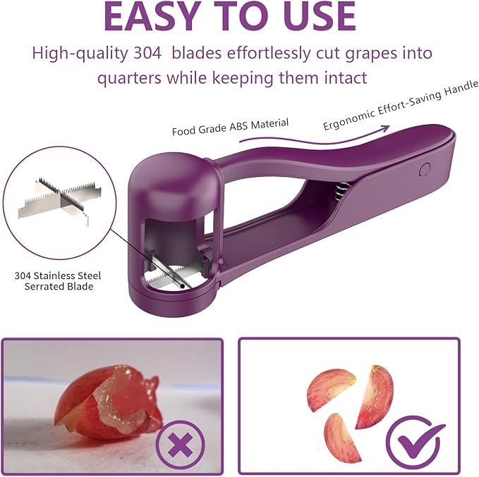 Luvan Grape Cutter for Toddlers 1-3, Grape Slicer Kitchen Gadget for Vegetable Fruit Salad Cake Decor, Stainless Steel Baby Tomato Quarter Cutter Tool for Cherry Strawberry Blueberry - Purple