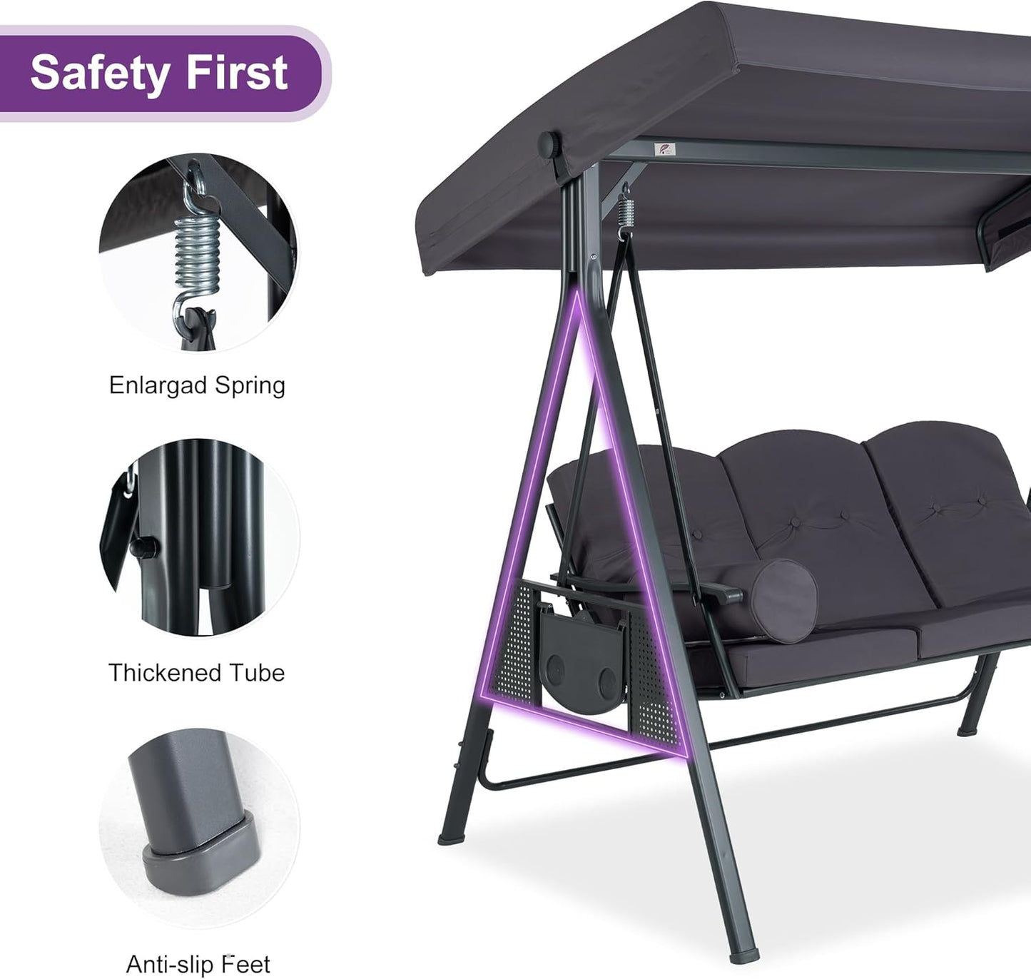 PURPLE LEAF Outdoor Patio Porch Swing with Stand, 2-seat Swing Chair with Adjustable Tilt Canopy All-Weather Steel Frame for Backyard Front Porch Lawn, Cushions and Pillow Included, Grey