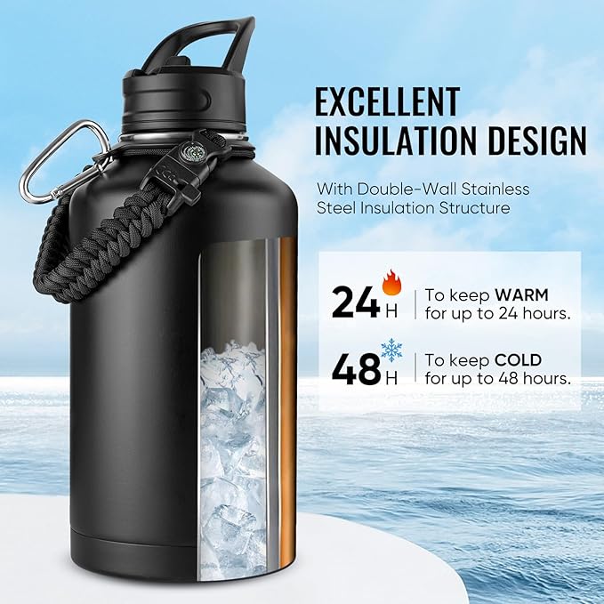 Half Gallon Water Bottle with 2 Lids (Straw & Spout), 304 Stainless Steel Sports Insulated Bottle with Handle, 64 oz Vacuum Double Walled Water Jug with Wide Mouth, BPA Free, Black