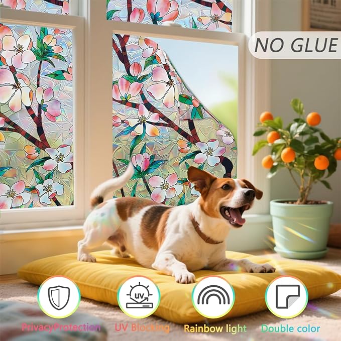 Peach Blossom Stained Glass Window Film Static Cling with Tools - 17.5 x 78.7 Inch Non-Adhesive Privacy Decorative Rainbow Film for Windows, Doors, Sidelights - Easy Install & Remove