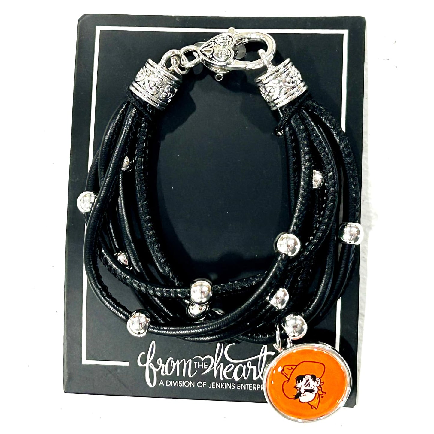 From The Heart Leather College Charm Bracelet for Women - College Game Day Jewelry for Sports Fans (Oklahoma State)