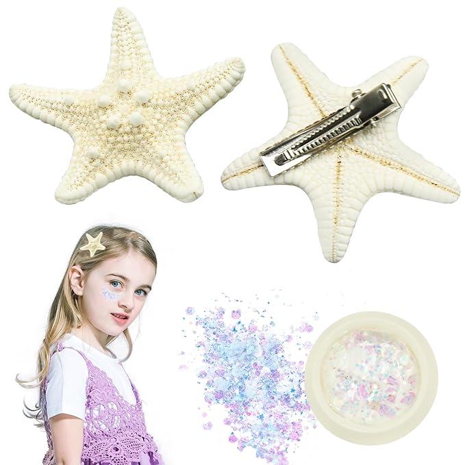 3Pcs Starfish Hair Clip Set, Mermaid Hair Accessories and Makeup Glitter Sequin Seashell Hair Clips, Mermaid Hair Clips St...