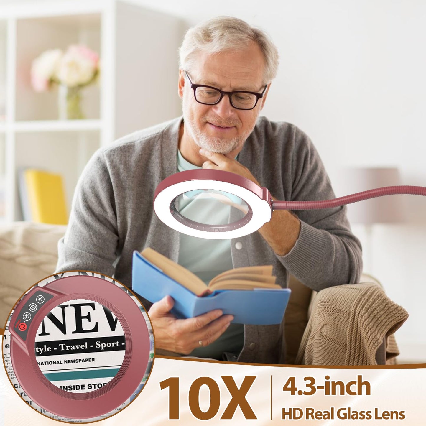 Krstlv 10X Magnifying Glass with Light, 24in Gooseneck Floor Lamp, 3-in-1 LED, Stepless Dimmable, Red, Model RLFG609