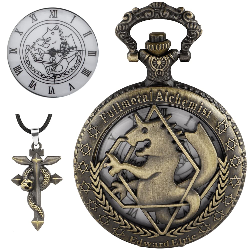 Tiong Anime Pocket Watch with Chain for Cosplay Pendant Accessories with Gifts Box(Bronze White)