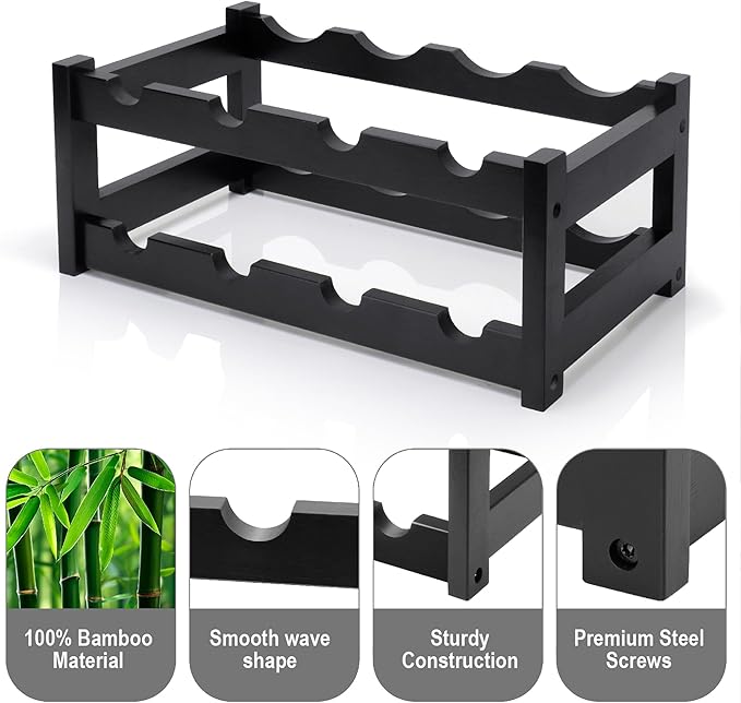 Bamboo Wine Rack, 2-Tier 8 Bottles Wine Storage Cabinet Shelf, Easy-Assembly Freestanding Bamboo Wine Racks Countertop for Kitchen Pantry Dining Room Bar, Black