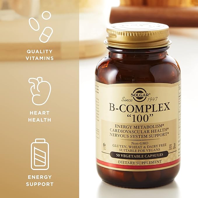 SOLGAR B-Complex 100" - 50 Vegetable Capsules - Energy Metabolism, Cardiovascular Health, Nervous System Support - Non-GMO, Vegan, Gluten Free - 50 Servings