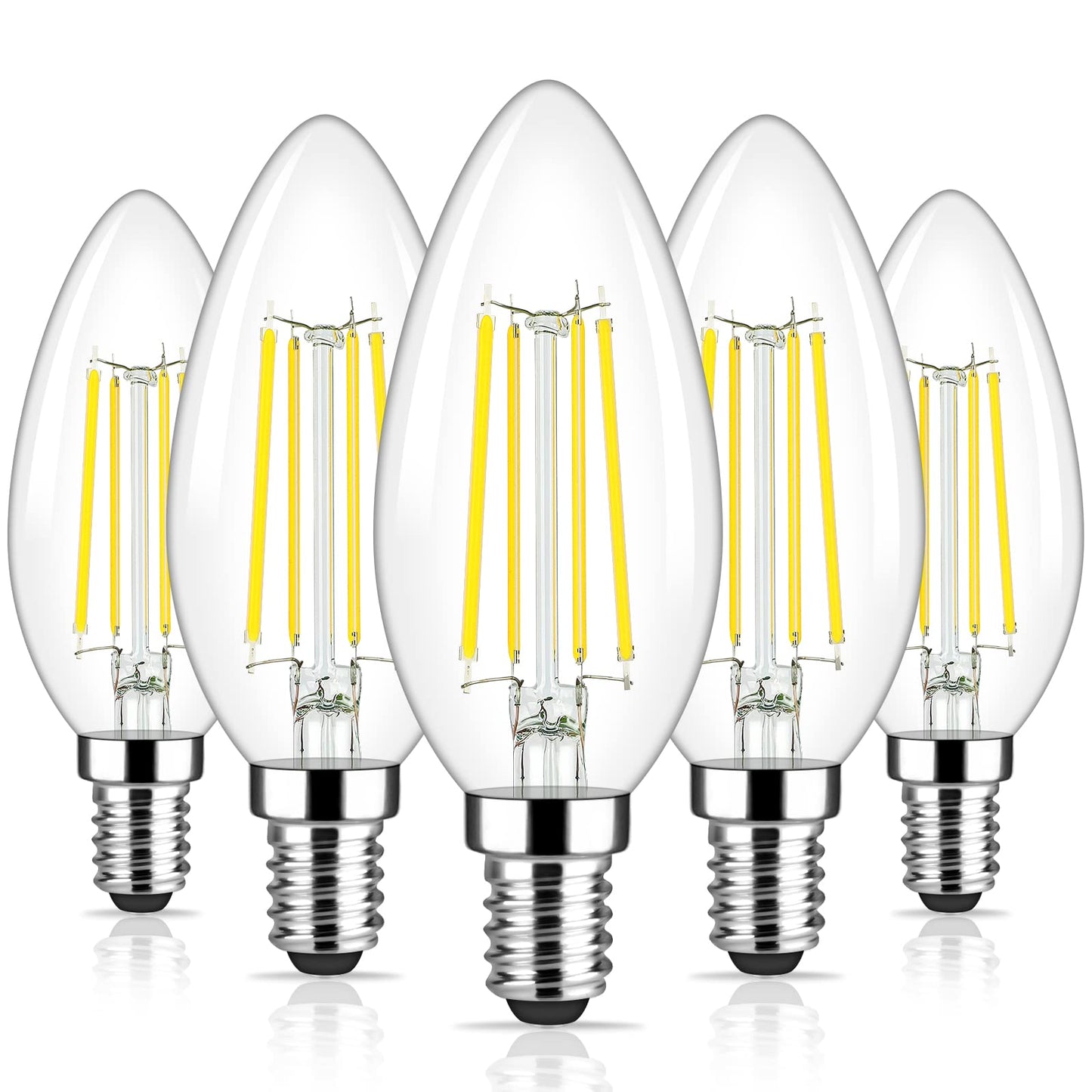 Brightever E12 Candelabra Led Light Bulbs, 6W Clear Filament, 5000K Daylight White, Pack Of 5, Non-Dimmable Chandelier Bul