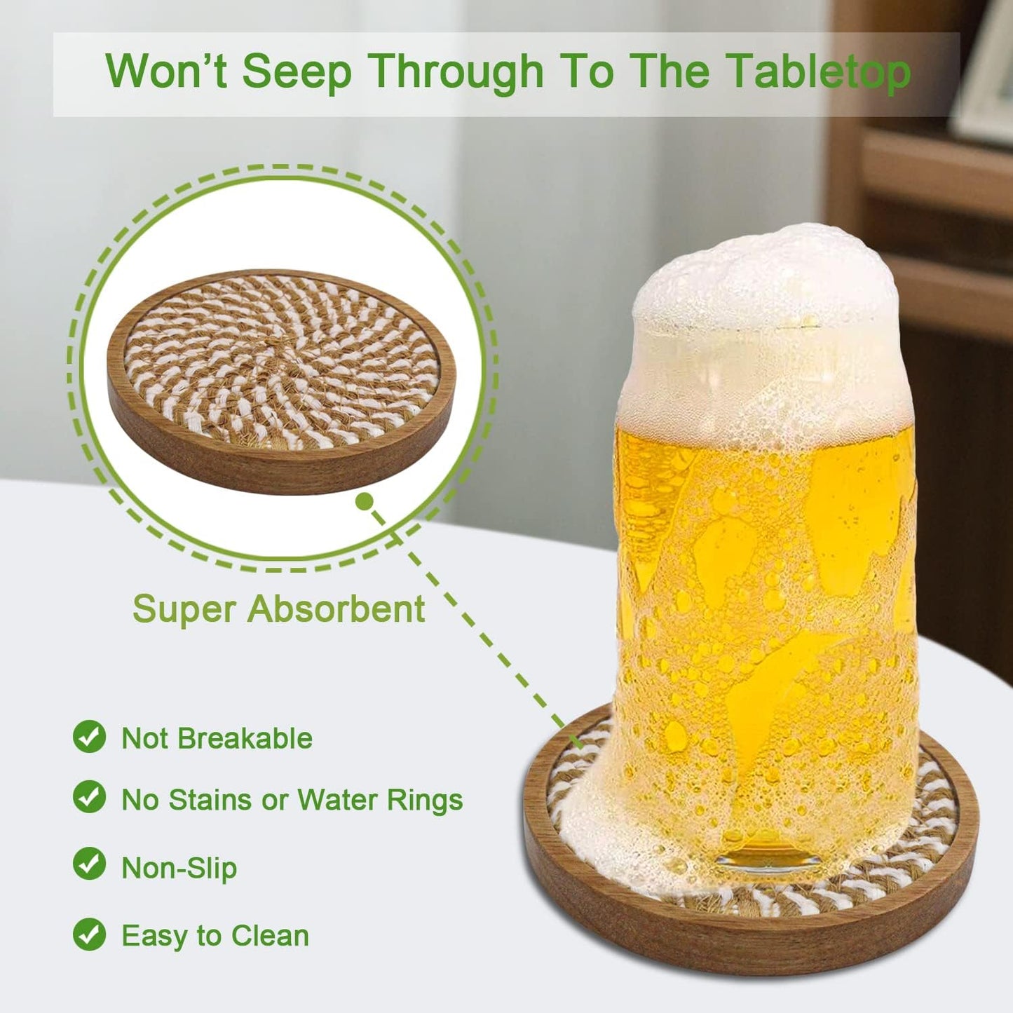 5 Pack Coasters for Drinks Absorbent, 4.3 inches Woven Coasters for Coffee Tables, Wooden Drink Coasters for Table Protection, Reusable Drink Coasters for Kitchen, Farmhouse, Bar, Office, Brown