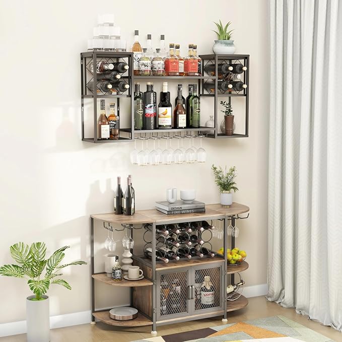 Wall Mounted Wine Rack, Multi Functional Bar Shelves for Liquor Bottles with Glass Holder, Modern Metal Bar Shelves Wall Mounted for Home Bar, Kitchen (Black, 47.3" L x 9.9" W x 23.6" H)