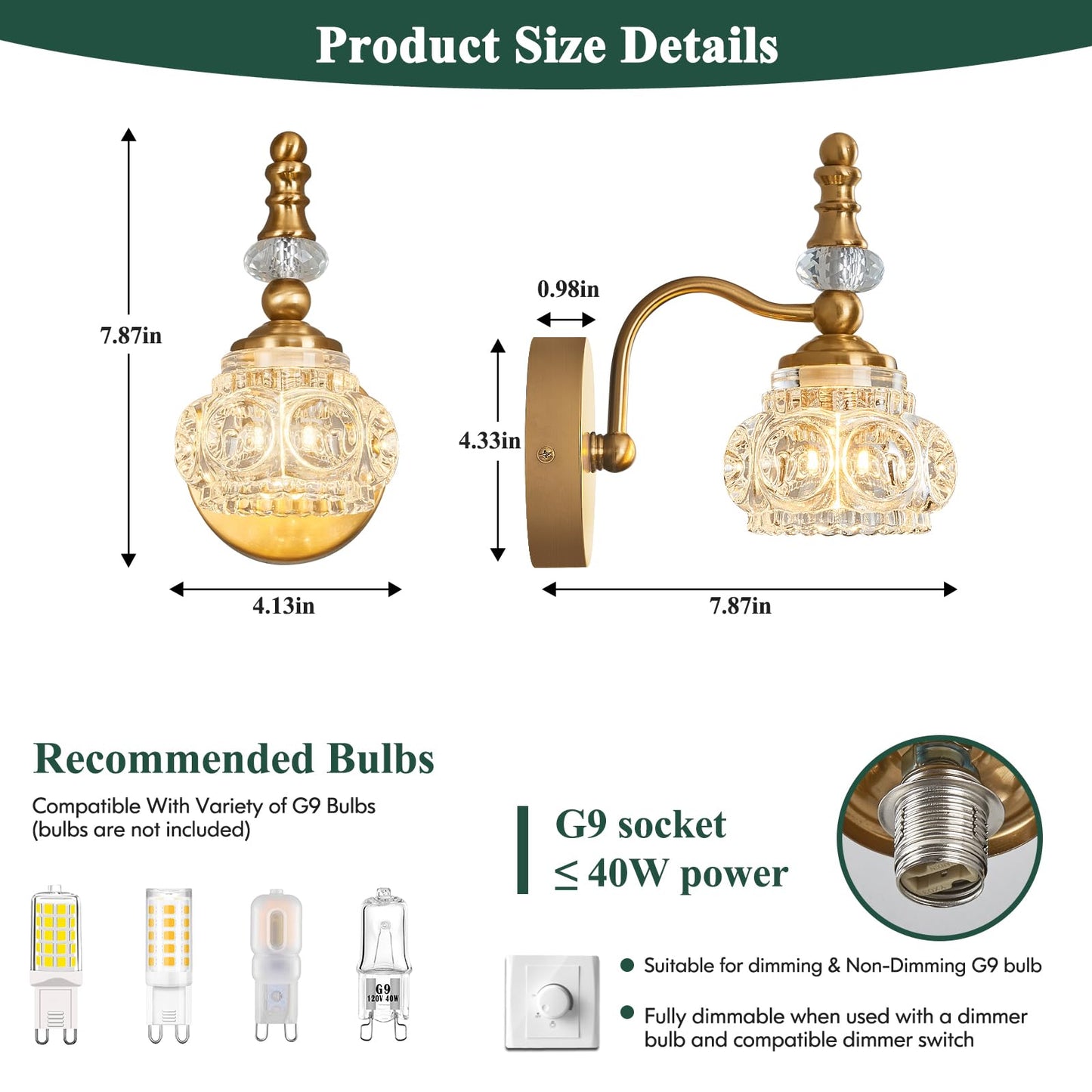 Lbsqj Modern Wall Sconce Set Of Two Indoor Lamp Gold Vintage Glass Light Bathroom Vanity Fixture Wall-Mounted Room Lighting