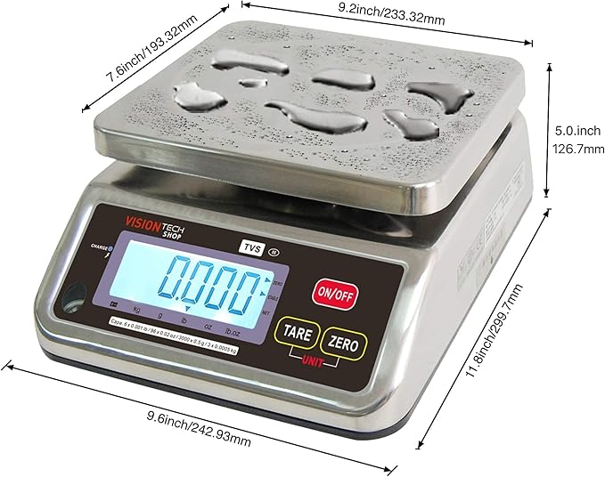 VisionTechShop TVS Portion Control Stainless Steel Washdown Scale, Lb/Oz/Kg/g Switchable, Low Profile Design, 30lb Capacity, 0.005lb Readability, Single Display, NTEP Legal for Trade, NSF Certified
