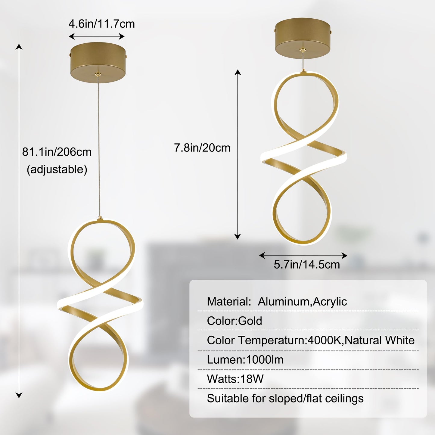 Mayna Spiral Kitchen Pendant Lighting  4000K Modern Led Pendant Light Fixture  18W Adjustable Height Island Light Fixture For Kitchen Bedroom Kitchen Island Cafe  1 Pack (Gold)