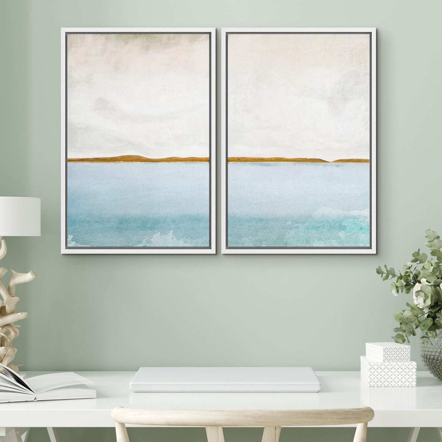 SIGNWIN Framed Canvas Print Wall Art Set Gold Blue Ocean Sea Beach Landscape Nature Wilderness Illustrations Modern Art Decorative Rustic Chic for Living Room, Bedroom, Office - 16"x24"x2 White