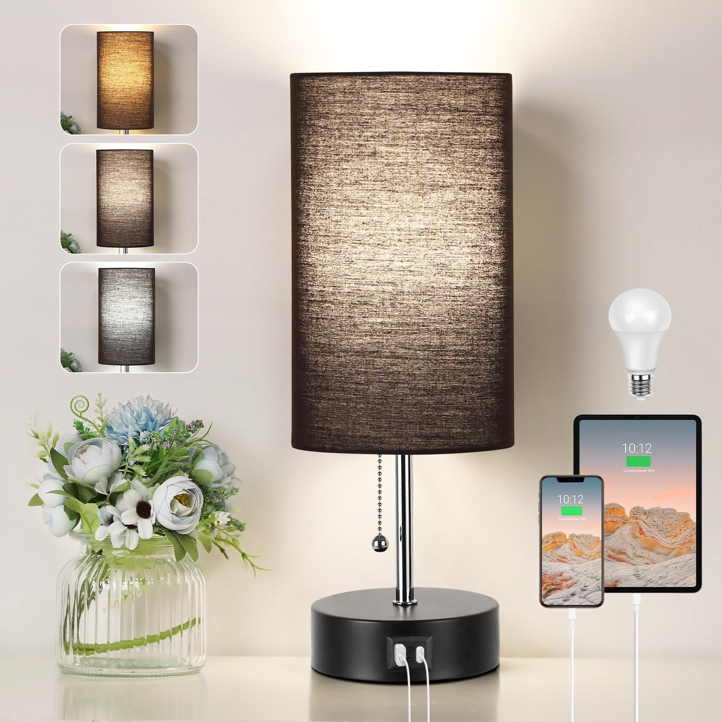 ROTTOGOON Bedside Lamp with USB A & C Ports, LED Bulb, Metal, Black, Model H-philwin-061