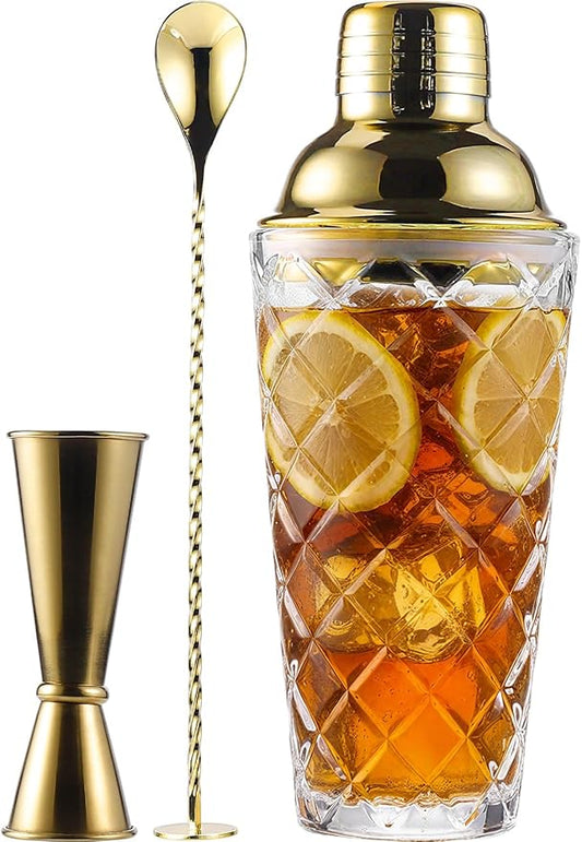 Glass Cocktail Shaker Set with Built-in Strainer – 16oz Thickened Pineapple Glass Gold Shaker Set, Gold Jigger & Bar Spoon...