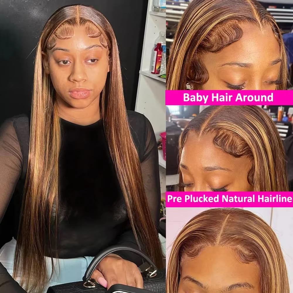 KFgood Ombre Lace Front Wig Human Hair 26inch Highlight 13x4 HD Straight Lace Front Wigs Human Hair 200% Density 4/27 Colored Ho