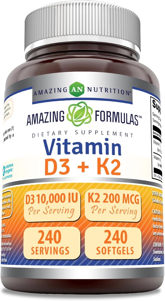 Amazing Formulas Vitamin D3 10000 IU with Vitamin K2 200 Mcg | D3 + K2 Complex Supplement | Non-GMO | Gluten-Free | Made in USA (1 Pack, 240 Count)