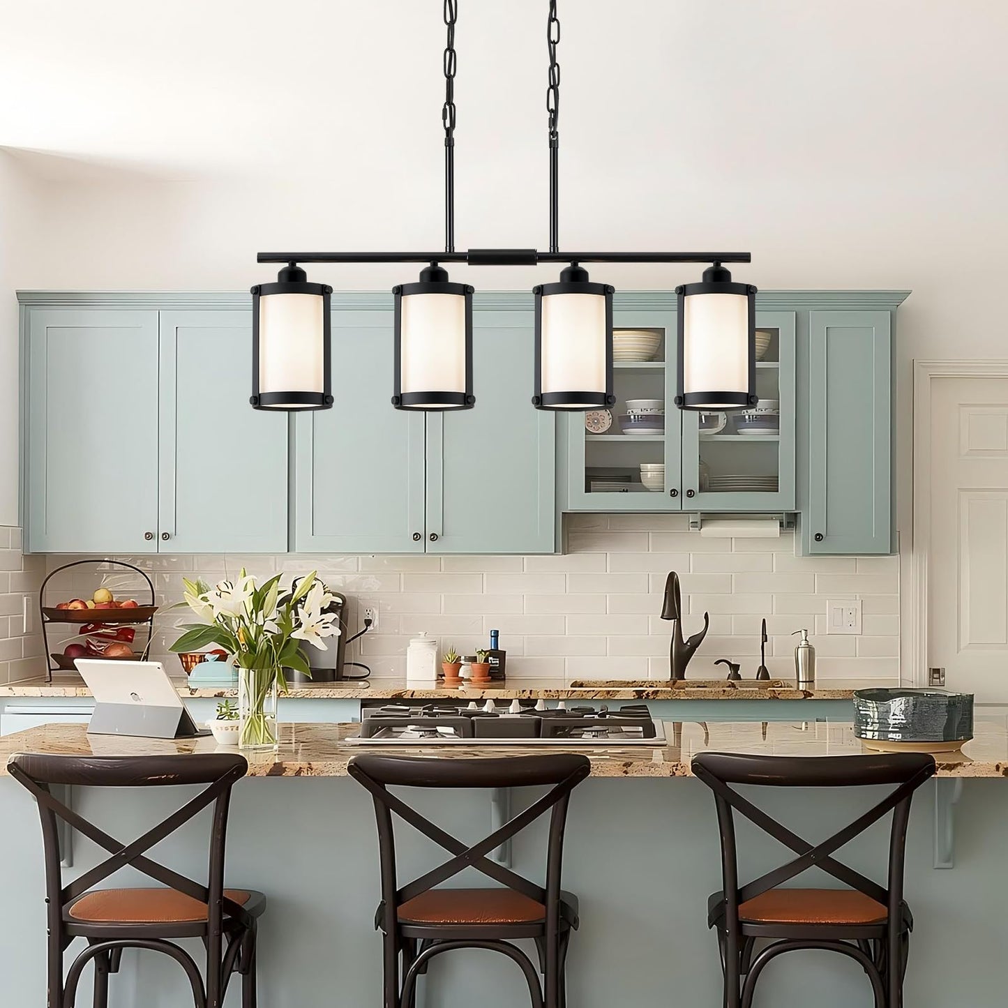 Osimir 4-Light Kitchen Island Lighting  Black Linear Dining Room Light Fixtures With Frosted Glass And Chain  Modern Farmhouse Chandelier Pendant Light For Kitchen Island Dining Room  Os-3014-4Isbkw