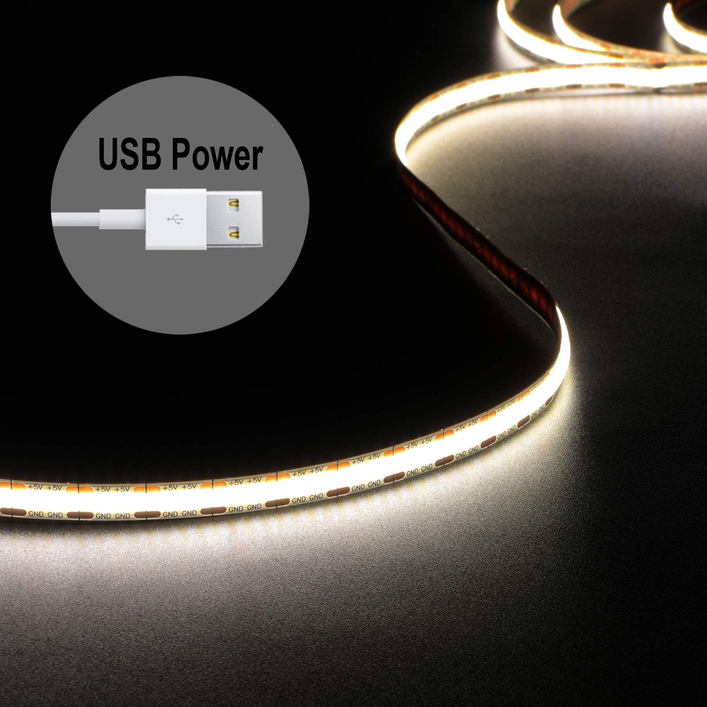 Dephen 5V Usb Led Light Strip, 4.9Ft Daylight Dotless Cob, Flexible, Self-Adhesive, Natural White, Model Hh-Snw320F008W05-