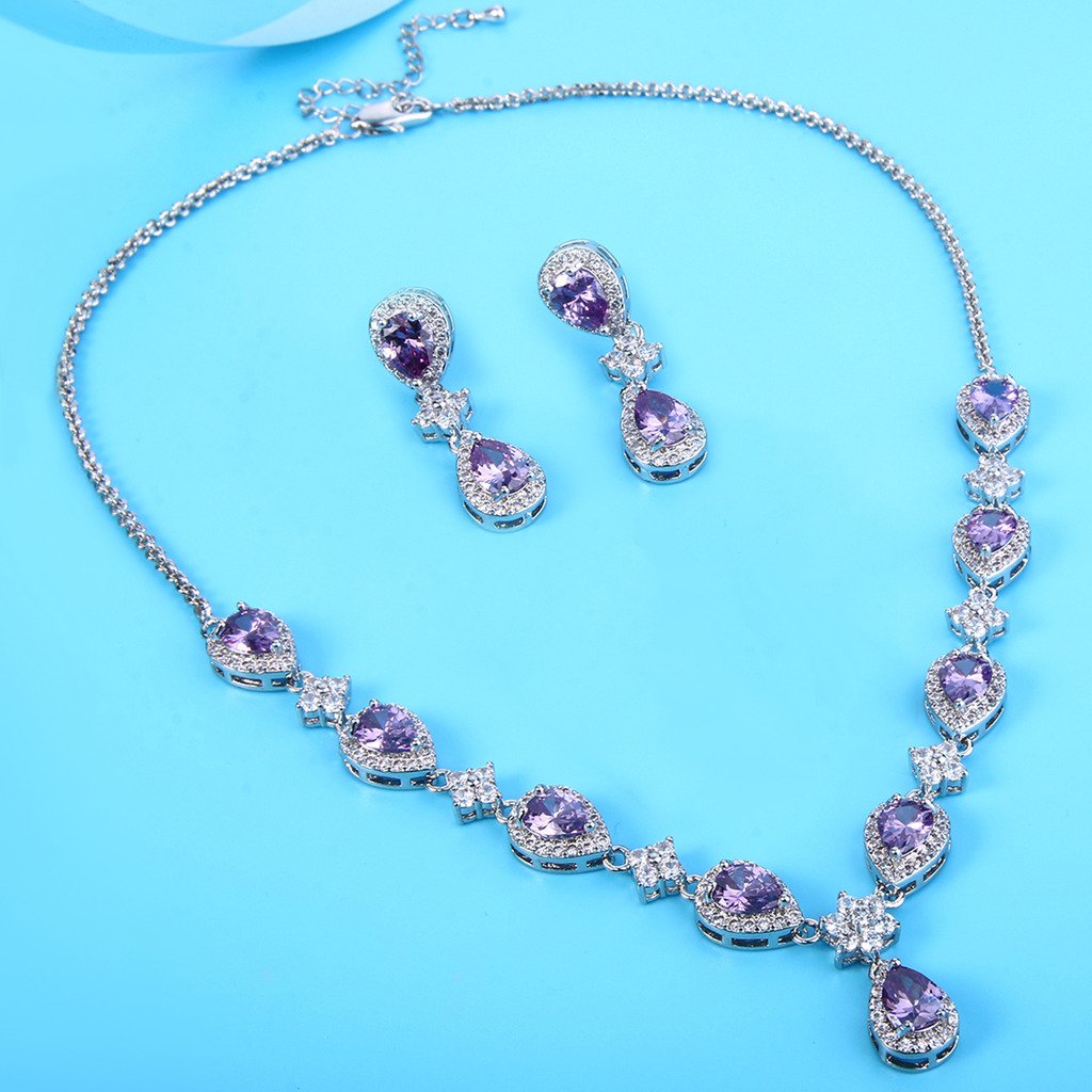 EleQueen Women's Silver-tone Cubic Zirconia Teardrop Flower Bridal V-Necklace Set Dangle Earrings Amethyst Color