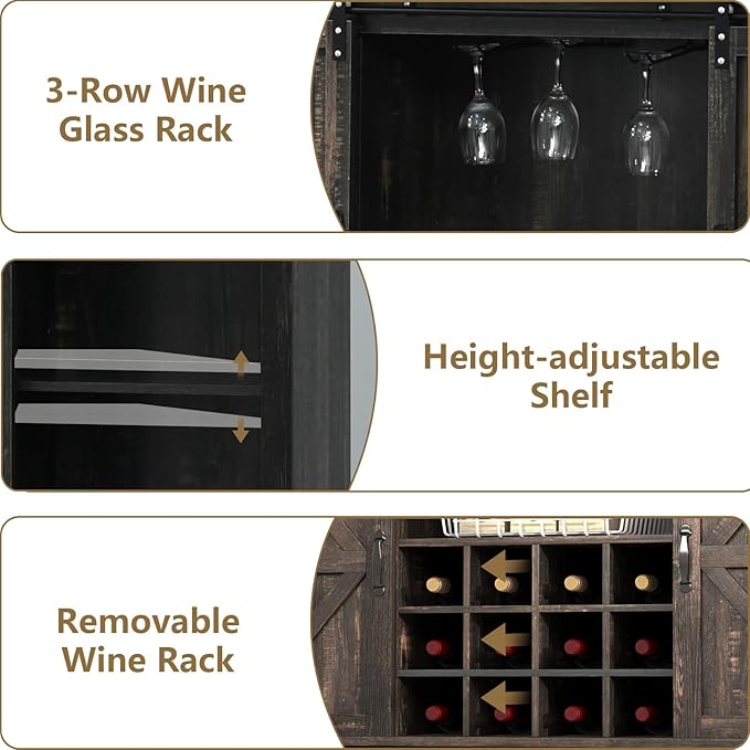 55 Inch Farmhouse Coffee Bar Cabinet with 3-Tier Enclosed Storage Cabinet, Kitchen Hutch with 12 Wine Racks & 3 Glass Holders, Coffee Bar with 6 Hooks, Wood Furniture for Dining Living Room, Oak