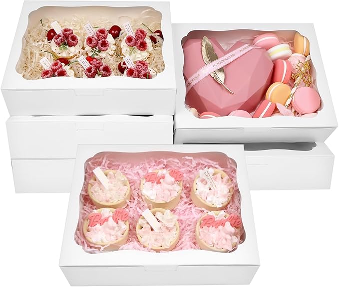 12pcs10x8x2.5 Inch White Bakery Boxes Treat Boxes with Window for Pastry, Cookie, Desserts, Chocolate Strawberries, Pies, Donuts, Muffins,Cupcake