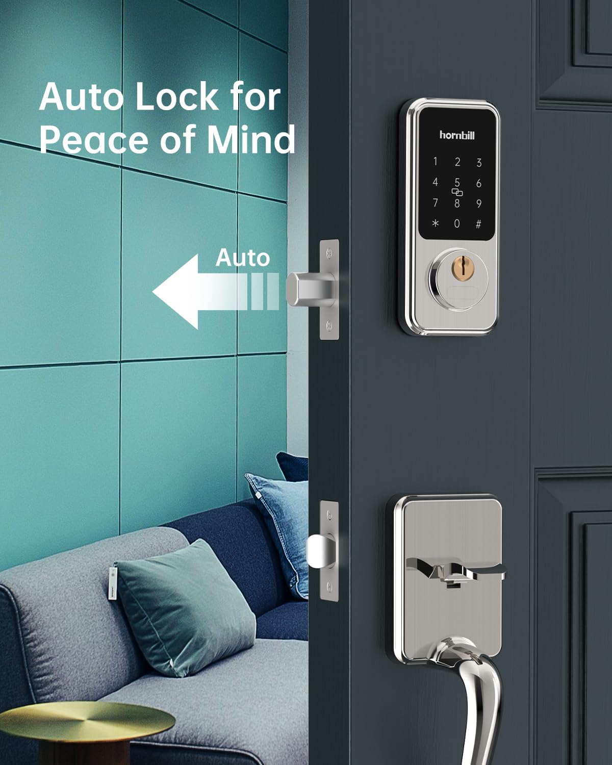 Smart Locks for Front Door, Hornbill Keyless Entry Door Lock Deadbolt with Handle Set, App Control, Touchscreen Keypad, Bluetooth Keyfobs Code Unlock, Satin Nickel