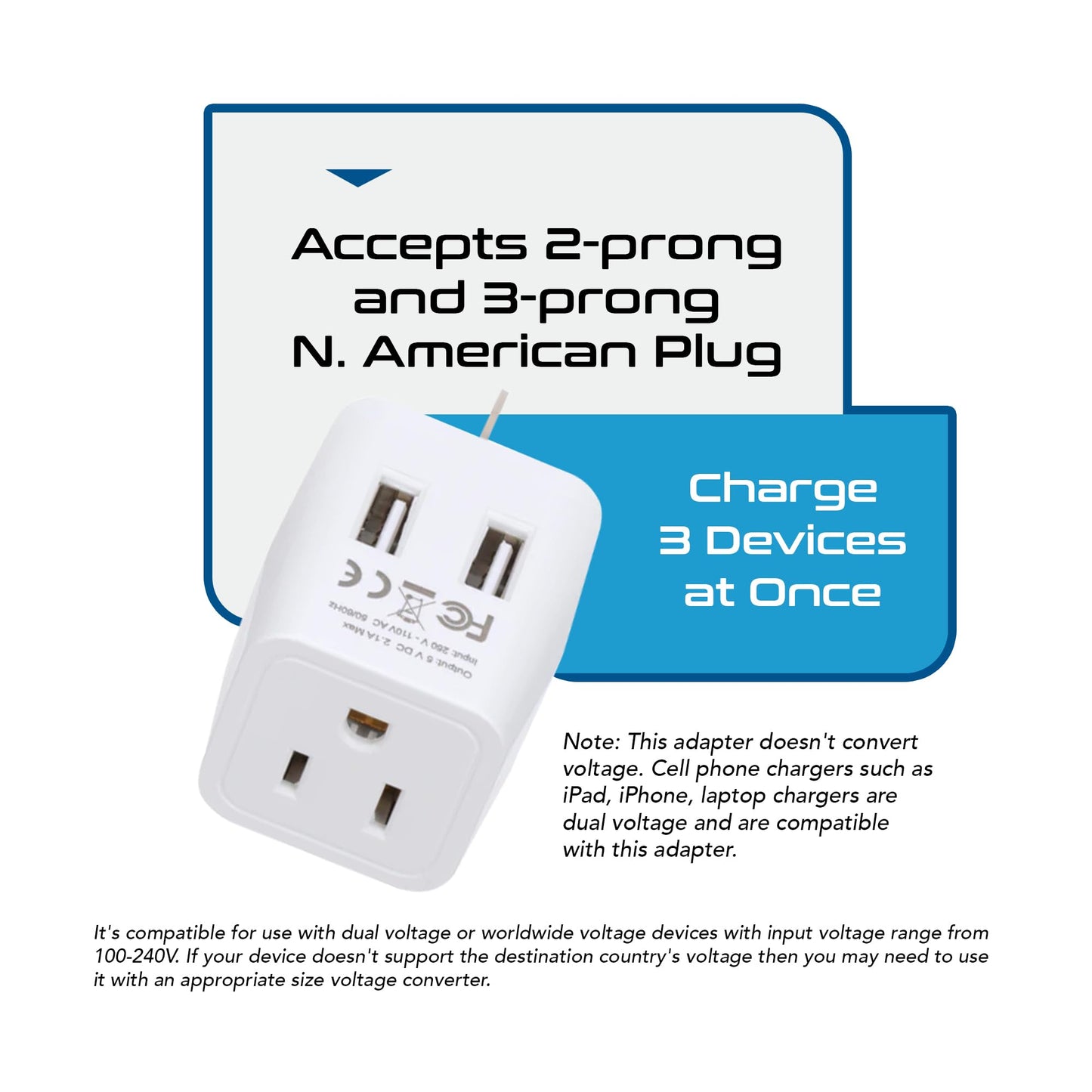 Ceptics Australia, New Zealand, China Travel Adapter Plug - Dual Usb Input - Ultra Compact - Usa To Type I - Perfect For Cell Ph