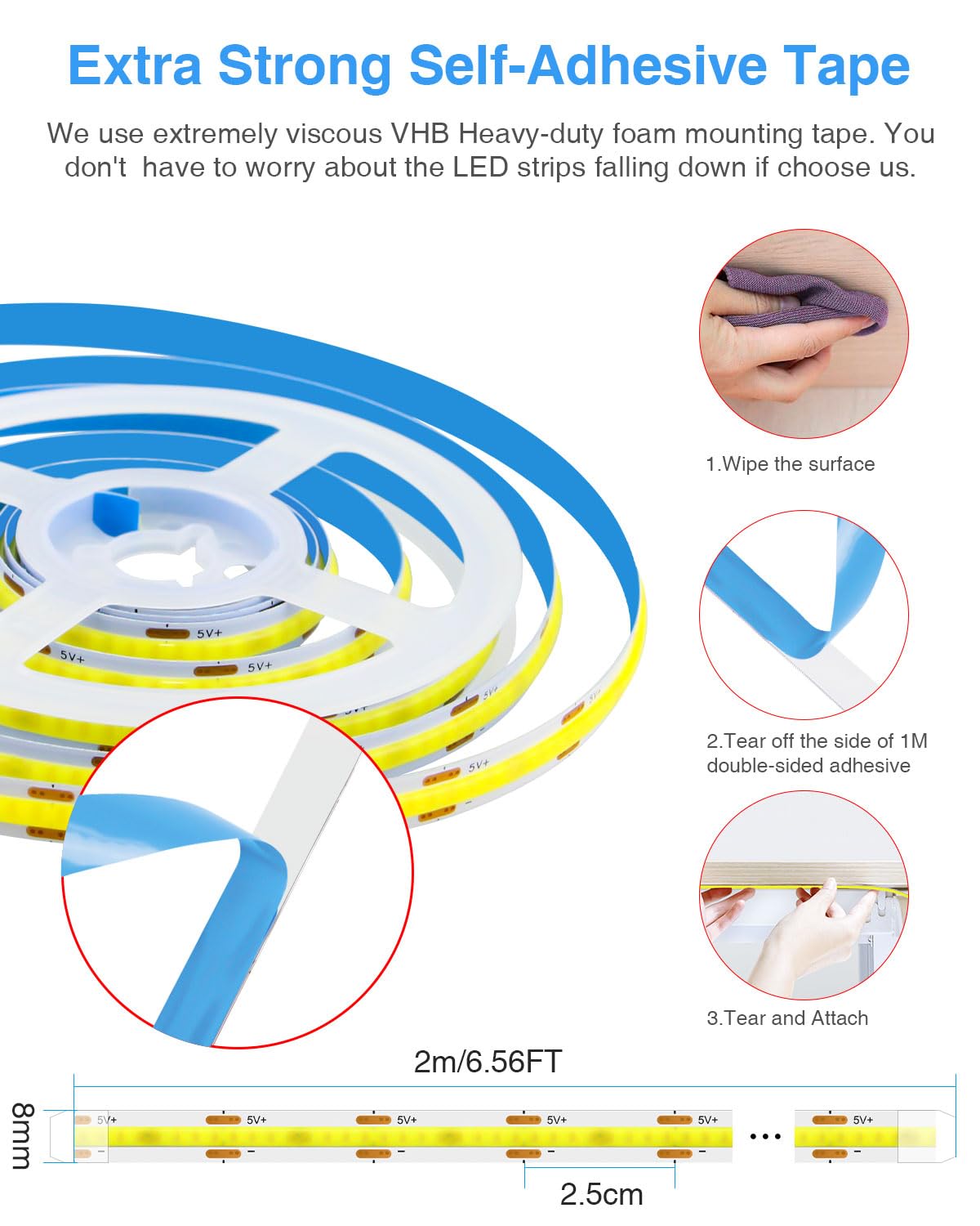 Aclorol Cob Led Strip Light 5V Usb 6.56Ft/2M 640Leds Dimmable Led Tv Backlights Warm White 3000K With 8Mm Width Cuttable For Display Cabinet Living Room Entertainment Diy Lighting Decoration (2 Pack)